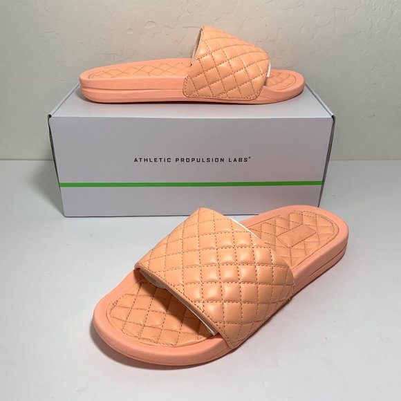 APL Lusso Slide Sandals Quilted Leather Slip On Flats Neon Peach Size 9 NEW - Picture 1 of 8